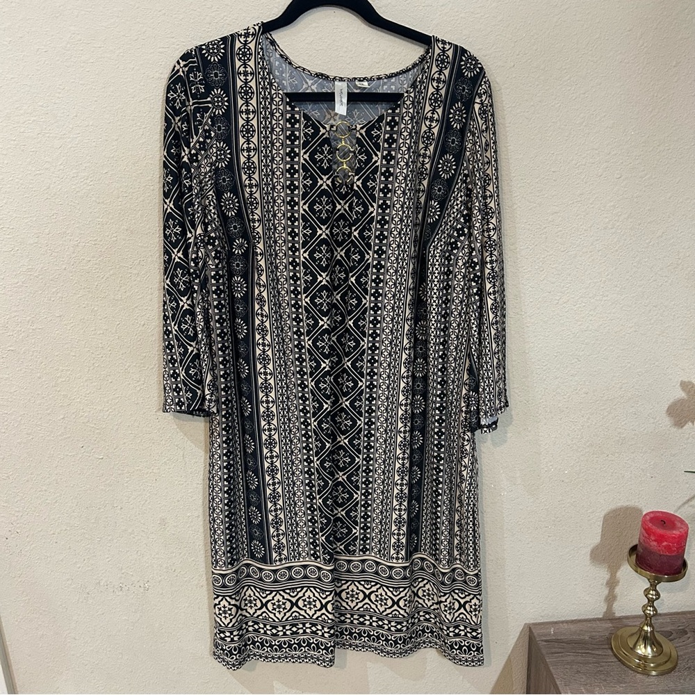 Tacera Black and Cream Geometric Long Sleeve Dress 2XL